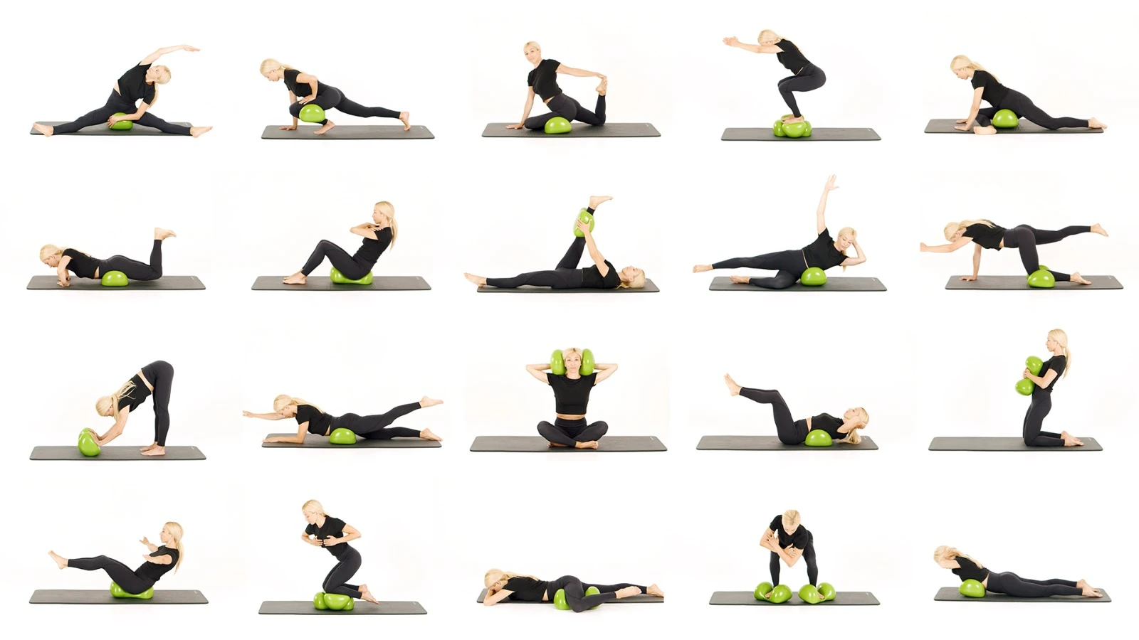 Blonde fitness woman doing 20 different fitness exercises with the Air8