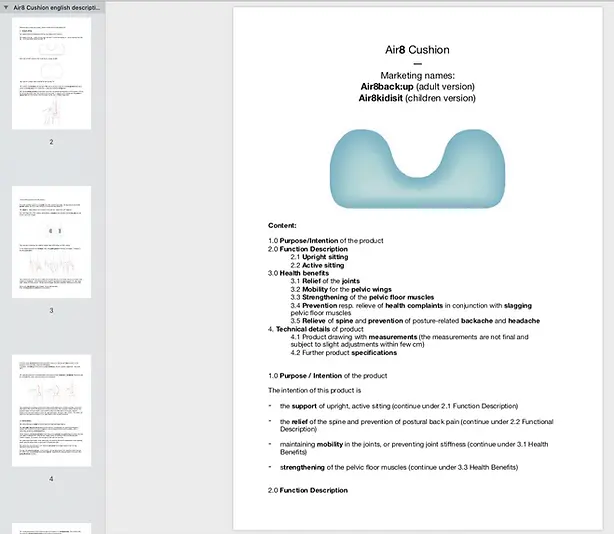 Filed patent of the Air8 Cushion