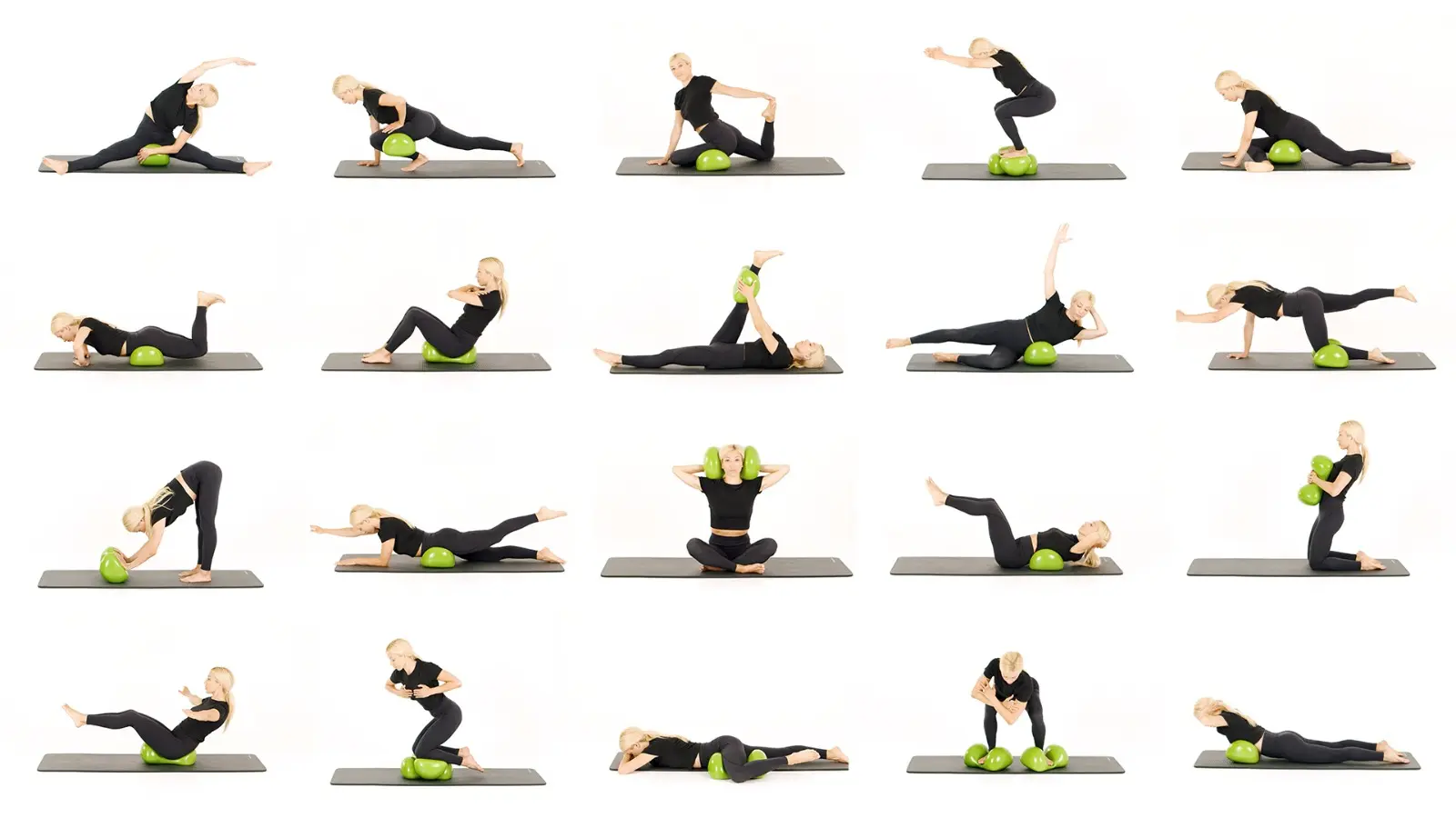 Blonde fitness trainer girl doing 20 different exercises on the Air8 Cushion